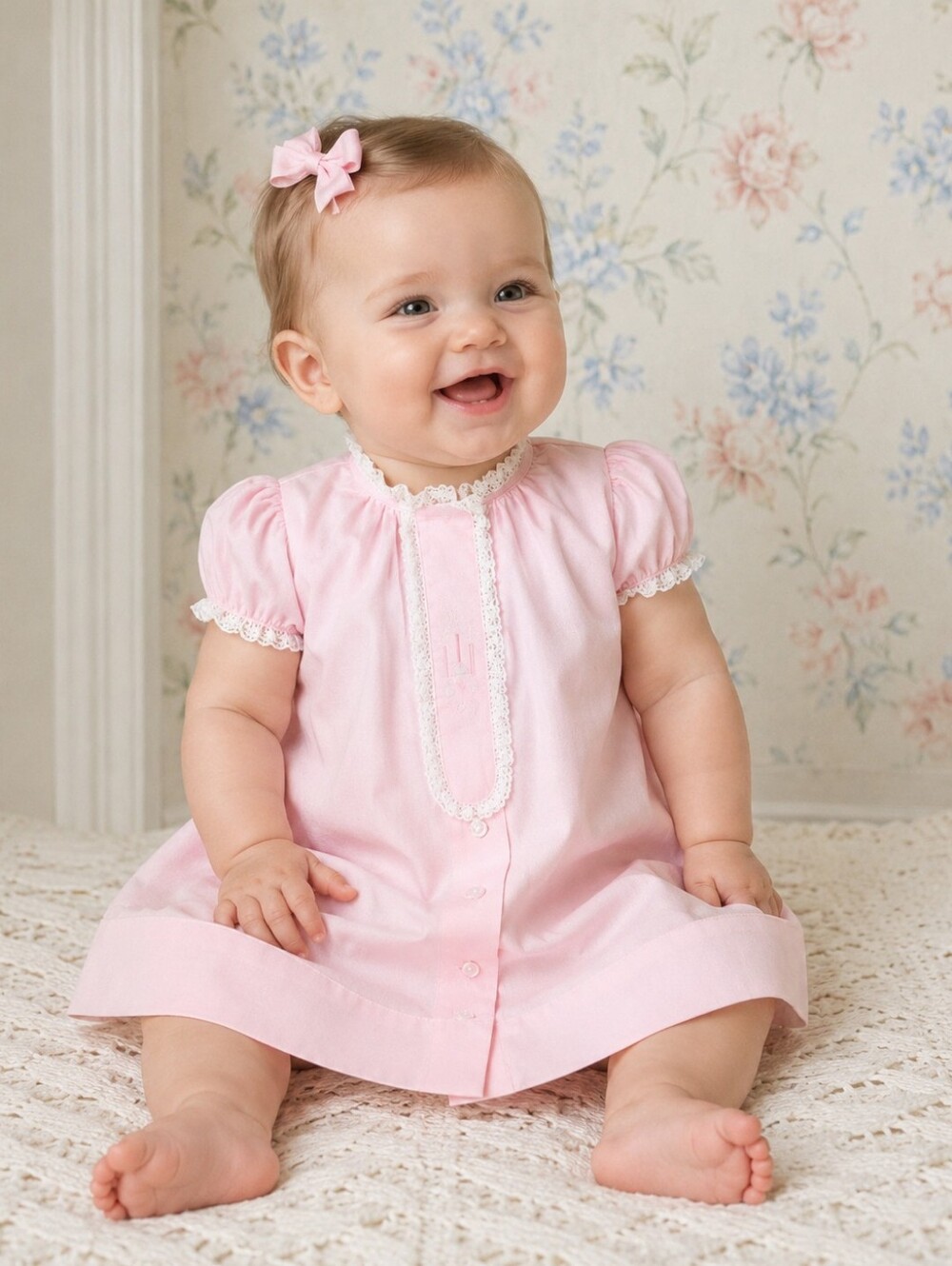 Pixie Lily Pink Batiste Puff Sleeve Gown with Lace Classic Size 3-6 Months NWT